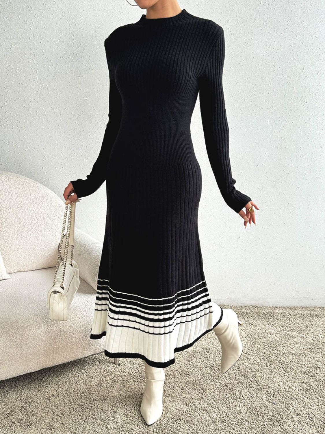 Contrast Mock Neck Long Sleeve Sweater Dress - Ben Valor