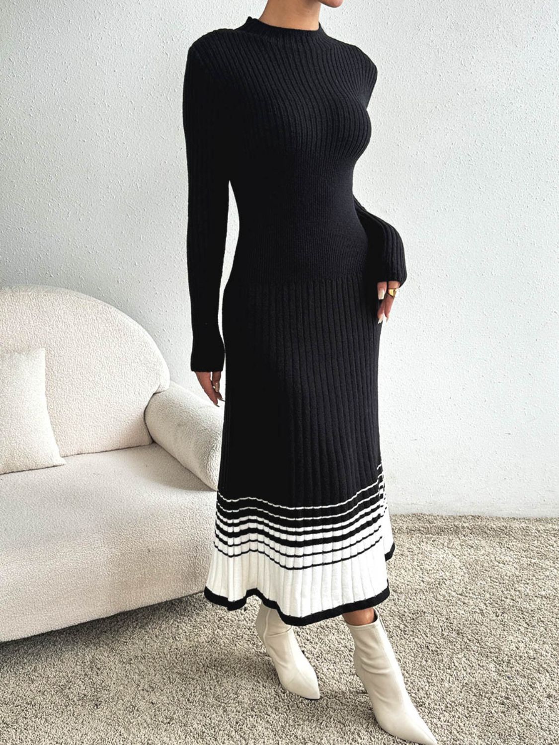 Contrast Mock Neck Long Sleeve Sweater Dress - Ben Valor