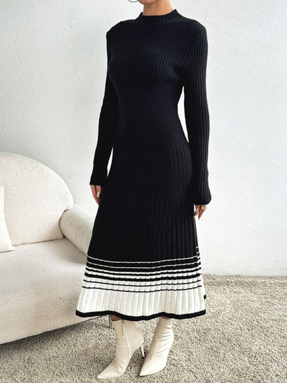 Contrast Mock Neck Long Sleeve Sweater Dress - Ben Valor