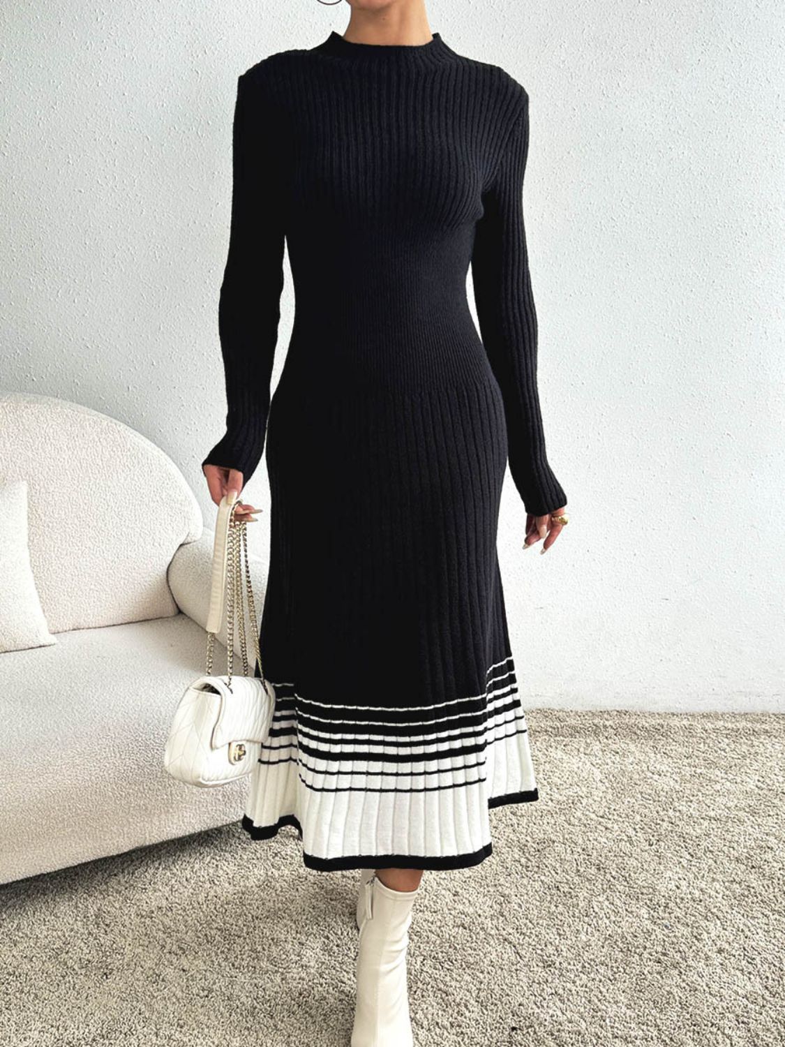 Contrast Mock Neck Long Sleeve Sweater Dress - Ben Valor