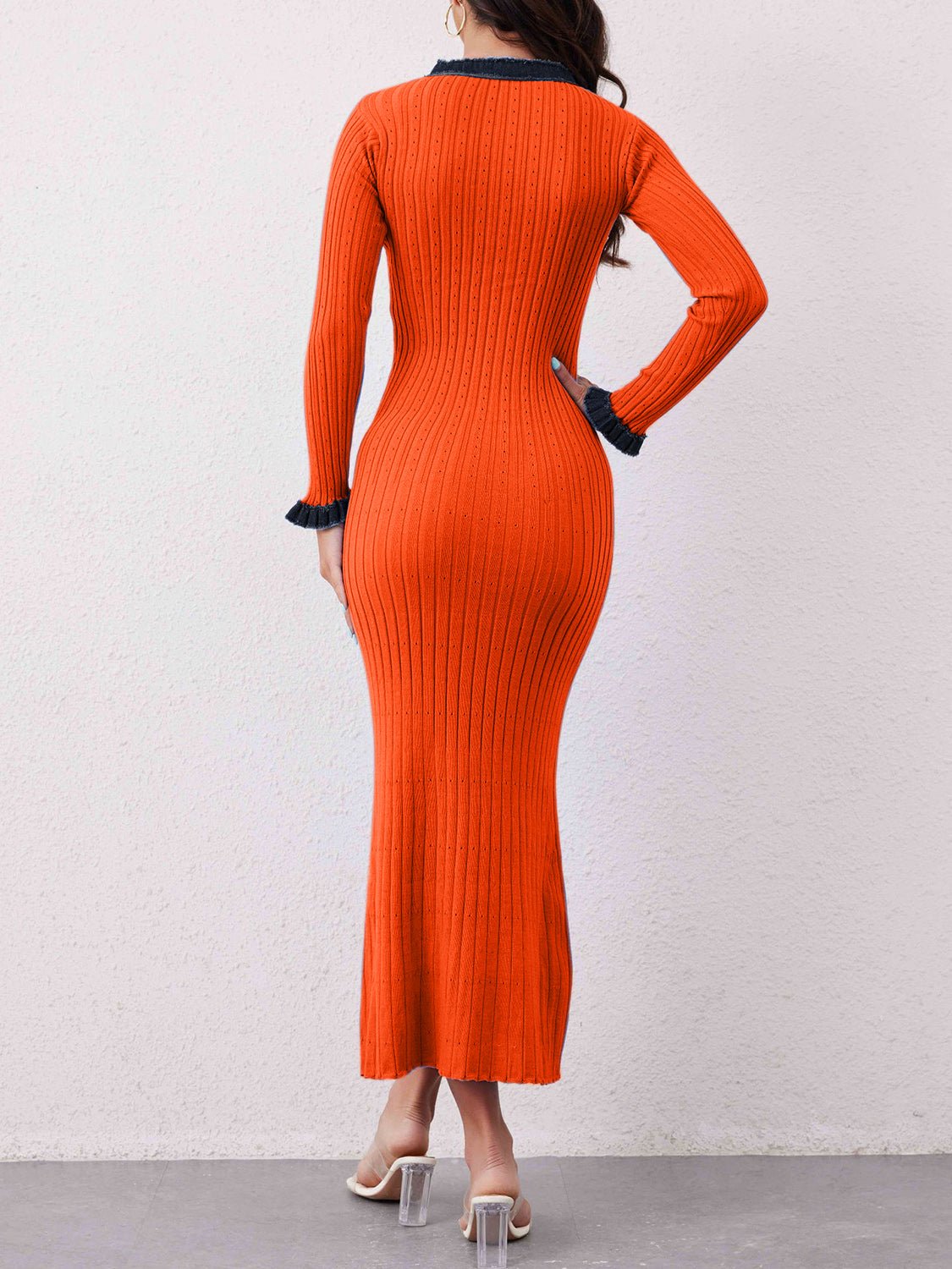 Contrast Trim Round Neck Long Sleeve Sweater Dress - Ben Valor