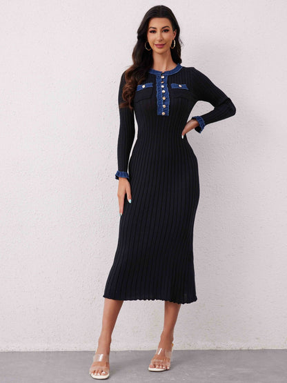 Contrast Trim Round Neck Long Sleeve Sweater Dress - Ben Valor