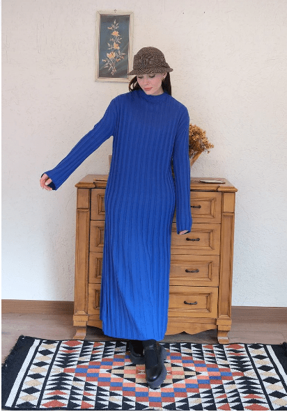 Long Sleeve Knitted Cobalt Blue Ribbed Dress - Ben Valor