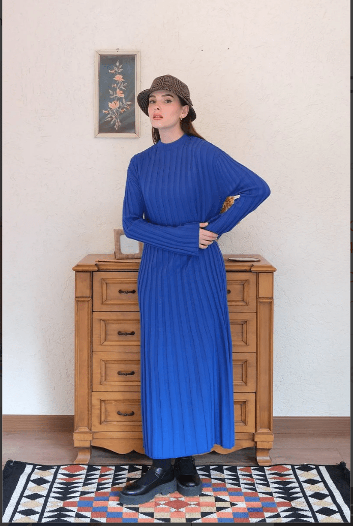 Long Sleeve Knitted Cobalt Blue Ribbed Dress - Ben Valor