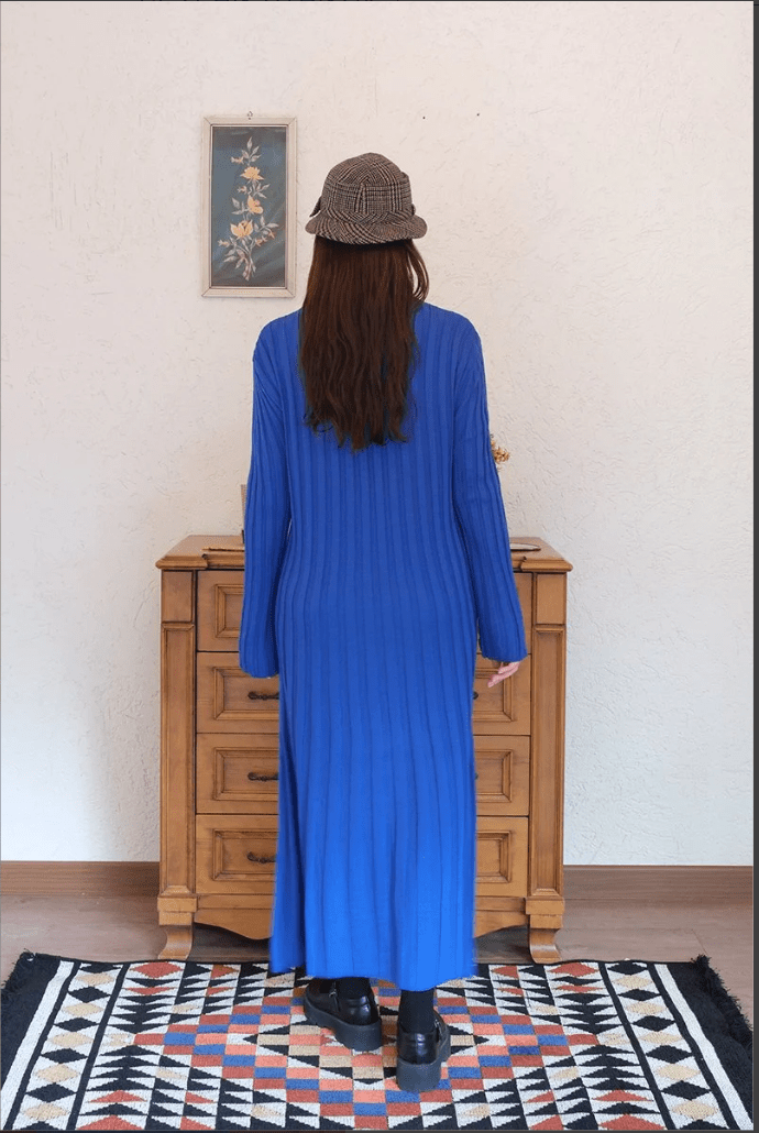 Long Sleeve Knitted Cobalt Blue Ribbed Dress - Ben Valor