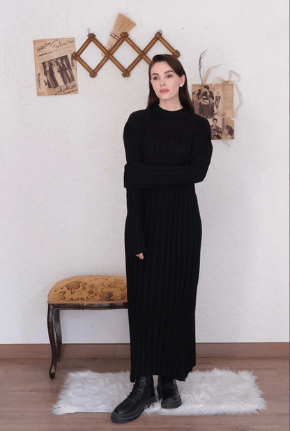 Long Sleeve Seasonless Black Ribbed Knitwear Dress - Ben Valor