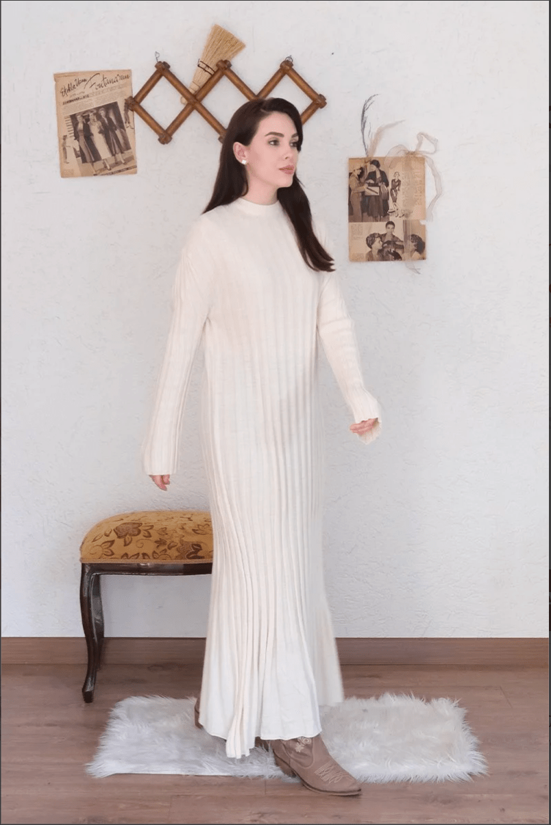 Long Sleeve Seasonless Cream Knitwear Dress - Ben Valor